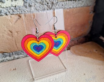Pride Rainbow Heart Earrings | Hand painted | lgbtqia+ | Gay | Trans | Lesbian | Bisexual | Nonbinary | Pride Month | Laser cut wood