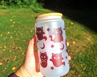 Spooky Black Cat Ghost Halloween 16oz Glass Can With Bamboo Lid and Straw | Trendy | Iced Coffee | Reusable | Sustainable