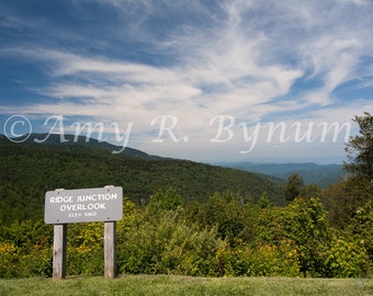 Blue Ridge Mountains below blue sky and white clouds. Blue Ridge Parkway, NC, USA. Fine Art Travel Photography, Canvas or Paper Print