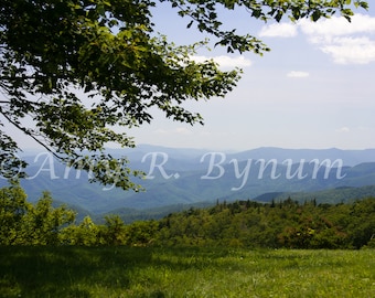 Blue Ridge Mountains op Blue Ridge Parkway, NC, VS, blauwe lucht, witte wolken, groen gras, Fine Art-reisfotografie, canvas of papier print