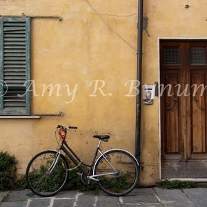 Bicicletta. Bicycle, yellow house, brown wooden door, Pisa, Tuscany. Italy Photography. Fine Art Travel Photography, Canvas or Paper Print