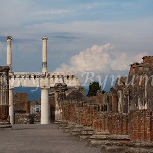 May include: Ruins of an ancient Roman city with white columns and a brick wall. The sky is cloudy and blue.