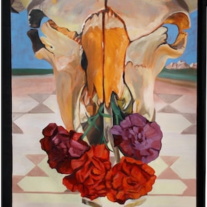 May include: A painting of a white animal skull with a yellow nose and red and purple roses coming out of the nose and mouth. The skull is on a tiled floor with a blue sky and mountains in the background.