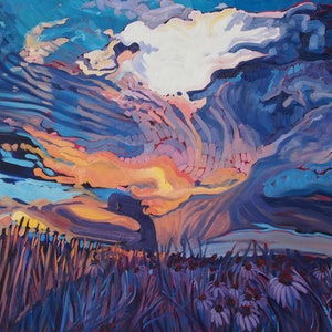 May include: A painting of a sunset with a field of purple flowers in the foreground. The sky is a vibrant mix of blue, orange, and pink, with swirling clouds. The flowers are a deep purple, with some white accents.