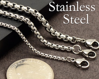 Stainless Steel Necklace 16,18,20,22,24,30 Inches, Round Box Chain Necklace, Stainless Steel Chain Bulk Wholesale for Women and Men