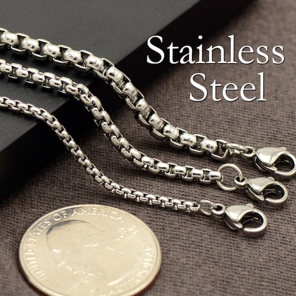 Stainless Steel Necklace 16,18,20,22,24,30 Inches, Round Box Chain Necklace, Stainless Steel Chain Bulk Wholesale for Women and Men