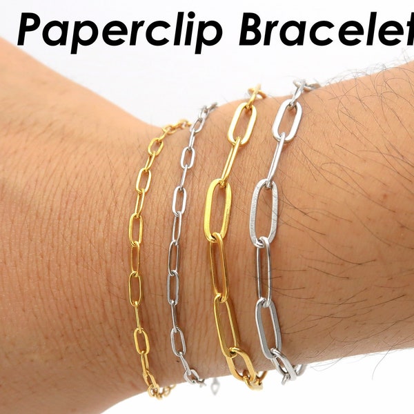 Stainless Steel Paperclip Bracelet Gold Silver, Stackable Paper Clip Link Chain Bracelet for Women or Men, Gift for Her Him