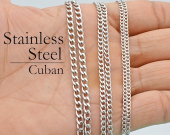 Stainless Steel Necklace for Women or Men, 16 18 20 22 24 30 Inches NK Cuban Link Chain Necklaces, Flat Curb Chain for Jewelry Making