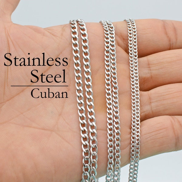 Stainless Steel Necklace for Women or Men, 16 18 20 22 24 30 Inches NK Cuban Link Chain Necklaces, Flat Curb Chain for Jewelry Making