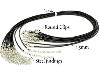 May include: Black waxed cord necklaces with steel findings and round clips. The cords are 1.5mm thick. The image includes the text "Waxed Cord Necklace".