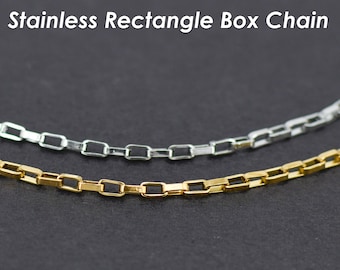 Stainless Steel Chain Bulk, Rectangle Box Chain, Tarnish Free Gold Chain by Foot Inch Length, Rectangle Link Chain for Jewelry Making