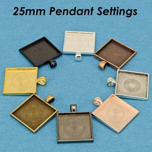 25mm Square Pendant Tray, 1 inch Square Bezel Pendant Blank, Cameo Setting Cabochon Base for Custom Jewelry Making