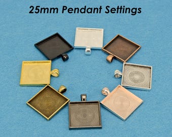 25mm Square Pendant Tray, 1 inch Square Bezel Pendant Blank, Cameo Setting Cabochon Base for Custom Jewelry Making