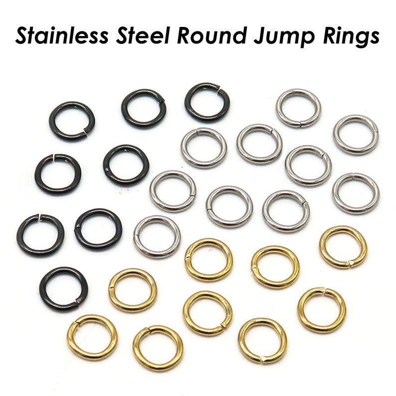 May include: A collection of round jump rings in black, silver, and gold. The rings are made of stainless steel and are perfect for jewelry making.