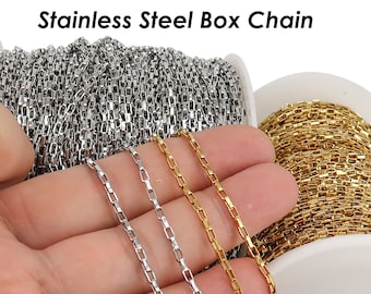 Stainless Steel Chain Bulk Chain by Foot Inch, Rectangle Box Chain Gold Silver, Tarnish Free Rectangle Link Chain for Jewelry Making