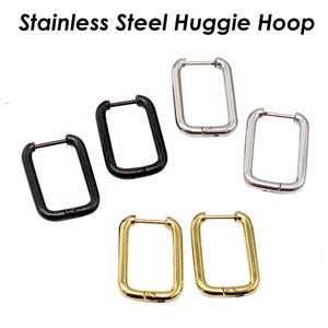 Rectangle Huggie Hoop Earrings Gold Silver Black, Surgical Steel Huggie Earring Hoops Stainless Steel Hoop Earring Hooks for Women Men