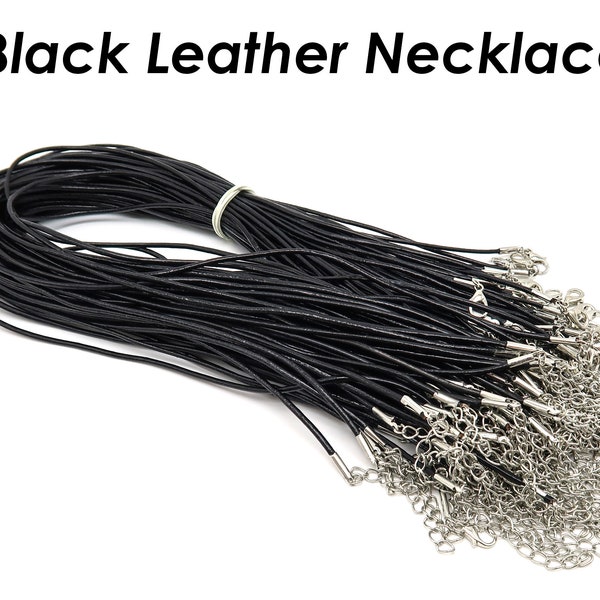 Genuine Leather Necklace Cord, Wholesale 18 Inch Black Leather Cord Necklace with Extender Chain for Women & Men