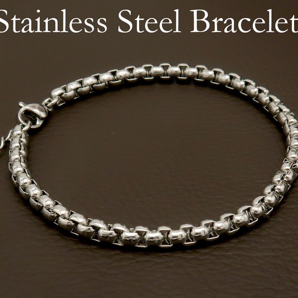 Men's or Ladies' Stainless Steel Simple Layering Stacking 4mm Rounded Box Chain Link Bracelet, Stackable Bracelets