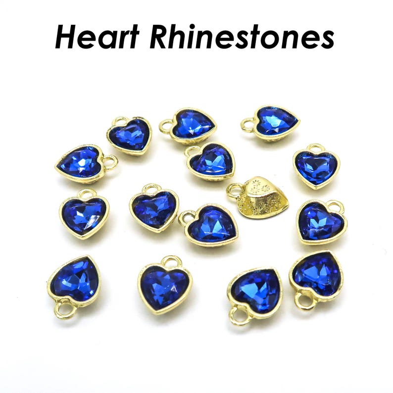 Heart Rhinestone Charms Silver, Rose Gold, Shiny Gold Blue Rhinestone