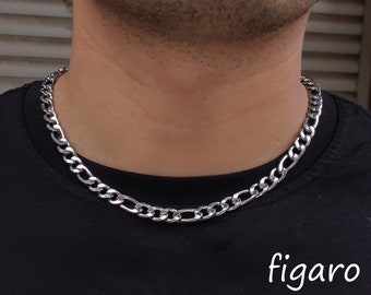 Collar de fígaro de acero inoxidable para hombres Mujeres, Collar en capas de eslabones cubanos Cadena de oro Plata Deslustre Regalo de joyería gratis