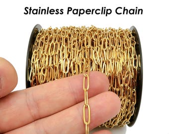 Stainless Steel Paper Clip Chain Gold Black Silver PaperClip Chain for Necklace Bracelet, Bulk Stainless Steel Chain for Jewelry Making