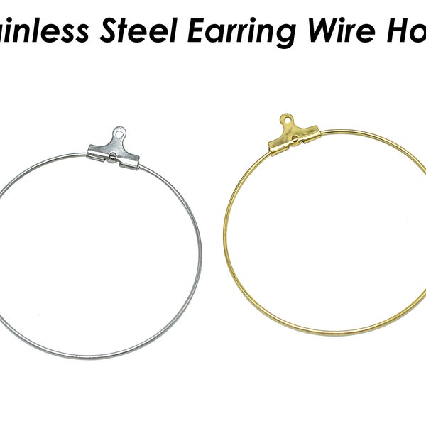 20 x Stainless Steel Earrings Ear Wire Hoops 20/25/30/35/40/45mm, Silver Gold Hoop Earring Findings Beading Hoops with Crimp Closures