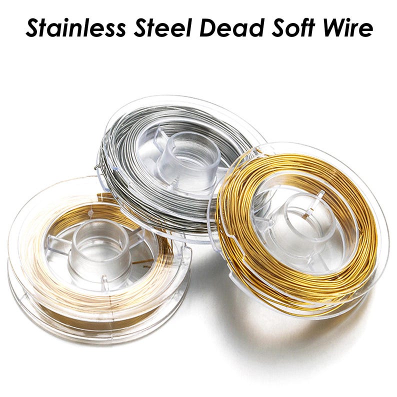 May include: Three spools of stainless steel dead soft wire. The spools are clear plastic and contain silver, gold, and brass colored wire.