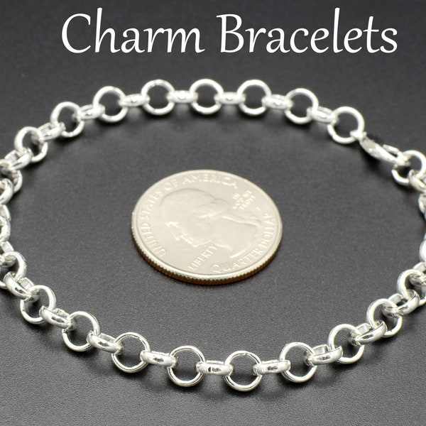 Adjustable Charm Bracelet, Big Circle Link Rolo Chain Bracelet Blank, Silver Gold Bronze Charm Bracelets for Women or Girls