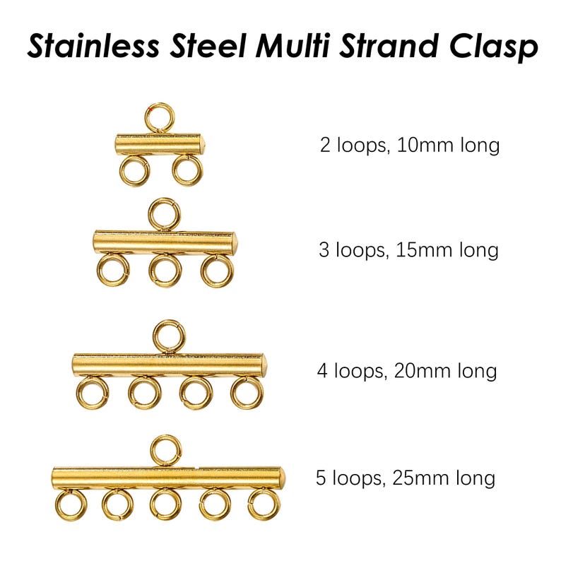 May include: Four gold-toned stainless steel multi-strand clasps with varying numbers of loops. The clasps are 10mm, 15mm, 20mm, and 25mm long.