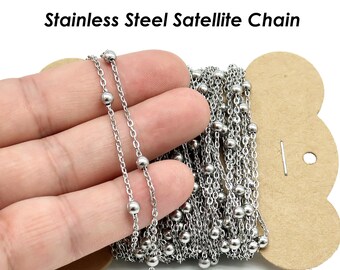Cadena de acero inoxidable con cuentas satélite en oro y plata, cadena de cable con cuentas grandes, cadena de bolas, cadena de acero inoxidable a granel para la fabricación de joyas.