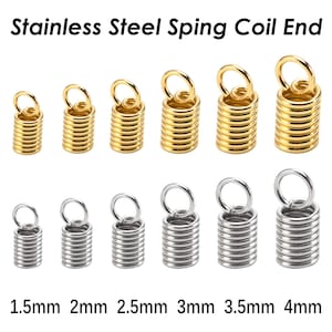 May include: Stainless steel spring coil ends in gold and silver in sizes 1.5mm, 2mm, 2.5mm, 3mm, 3.5mm, and 4mm.