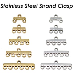 May include: Stainless steel strand clasps in gold and silver tones. The clasps have multiple loops for attaching strands of beads or other jewellery components.