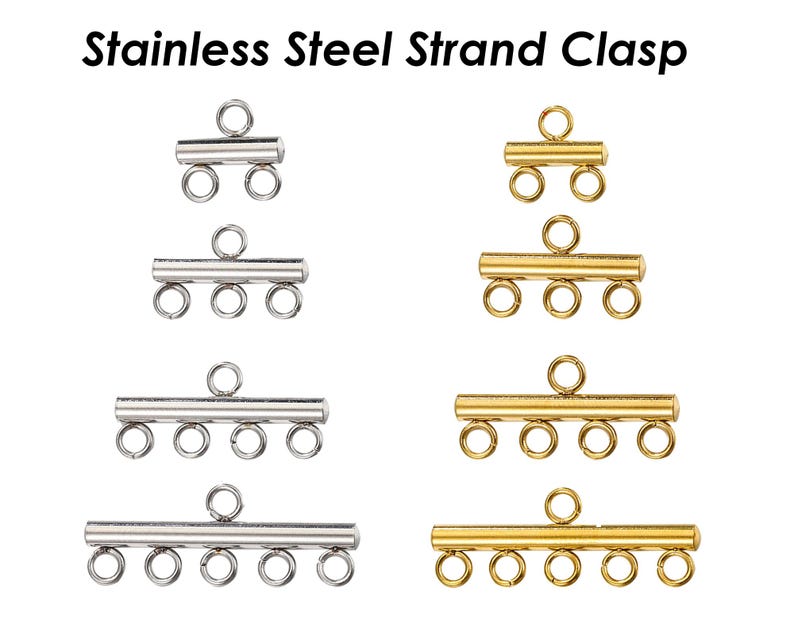 May include: Four different sizes of stainless steel strand clasps. The clasps are silver and gold in color and have multiple loops for attaching strands of beads or other jewelry components.