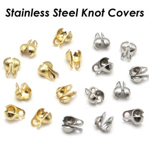 May include: A collection of gold and silver knot covers made of stainless steel. The covers are designed to be used on jewellery and other crafts.
