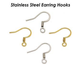 100 x Stainless Steel Earring Hooks Gold Silver, Hypoallergenic Ear Hook Earwires, Tarnish Free Ear Wires Wholesale Earring Findings