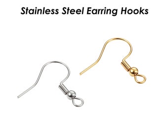 100 x Stainless Steel Earrings Hooks Gold Silver, Hook Earring Findings Ear Wires, Hypoallergenic Earringwires