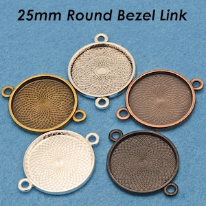 May include: Five 25mm round bezel links in silver, gold, copper, black, and white. Each link has a decorative swirl pattern.
