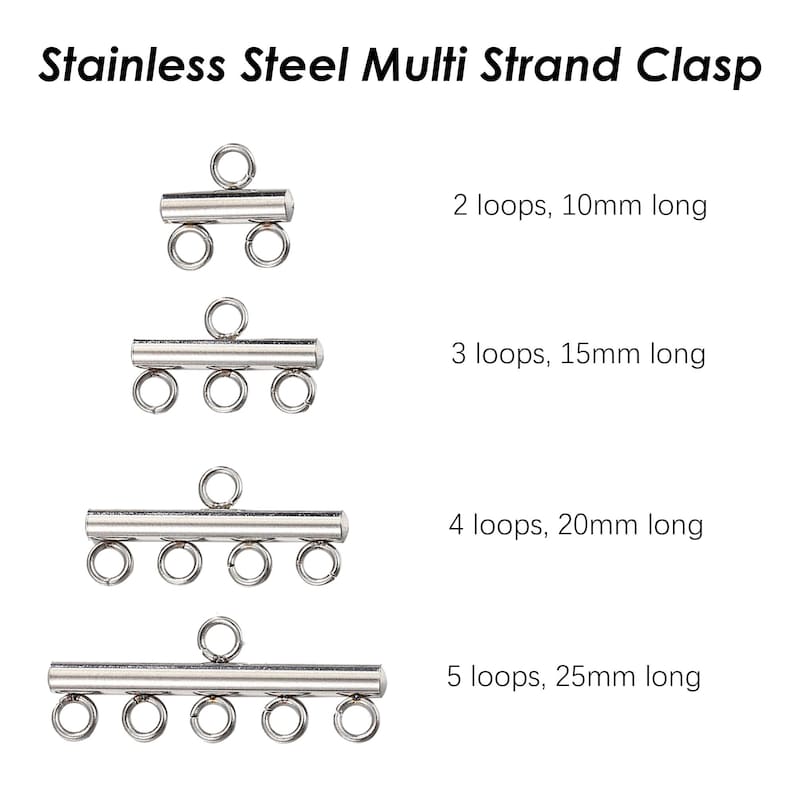 May include: Four stainless steel multi-strand clasps with varying numbers of loops. The clasps are 10mm, 15mm, 20mm, and 25mm long.