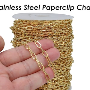 10 Feet x Stainless Steel Paper Clip Chain Gold & Steel Tarnish Resistant Rectangle Link PaperClip Necklace Chain Bulk for Jewelry Making
