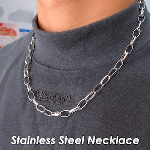Stainless Steel Necklace Men Women, Big Oval Link Chain Necklace Silver Tone, Thick Drawn Cable Chain Choker Jewelry, Toggle Clasp Necklace