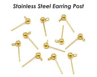 50 x Ball Post Earrings with Open Ring, Stainless Steel Post Earring Stud Gold Silver, Ball End Stud Earring, Ball Studs, Ball Post Earring