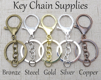 Key Chain Keyring, Big Lobster Clasp Hook + Chain + Key Ring + Jump rings Bronze Gold Copper Silver Gold Keychain Supplies