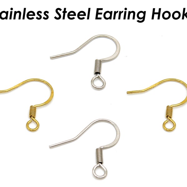 100 x Stainless Steel Earring Hooks Gold & Silver Tone, Hypoallergenic Surgical Steel Ear Hook Hoops, Tarnish Free Ear Wires Bulk Wholesale