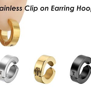 Stainless Steel Earring Hoops for Men Women, Clip On Hoop Earrings, Hinged Hoop Earrings Gold Silver Black, No Piercing Earrings