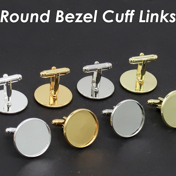 20mm Round Cuff Links Blanks with Glue Pad Bezel Tray, Bezel Cuff Links Settings Silver Gold Plated,  Custom CuffLinks for Men