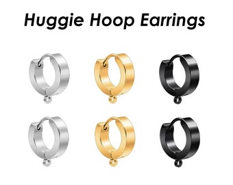 Huggie Hoop Earrings Stainless Steel, Muscly Black Silver Gold Huggie Earring Hoops with Loop, Hypoallergenic Jewelry Findings