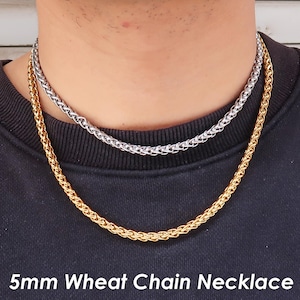 5mm Wheat Chain Necklace Gold Silver, Stainless Steel Necklace for Men Women, Wheat Necklace Wheat Bracelet, Chunky Necklace, Gift for Him