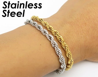 Stainless Steel Rope Bracelet 5mm Gold Silver Stainless Steel Rope Chain Bracelet Stackable for Men Woemn, Rope Anklet, Gift for Her or Him