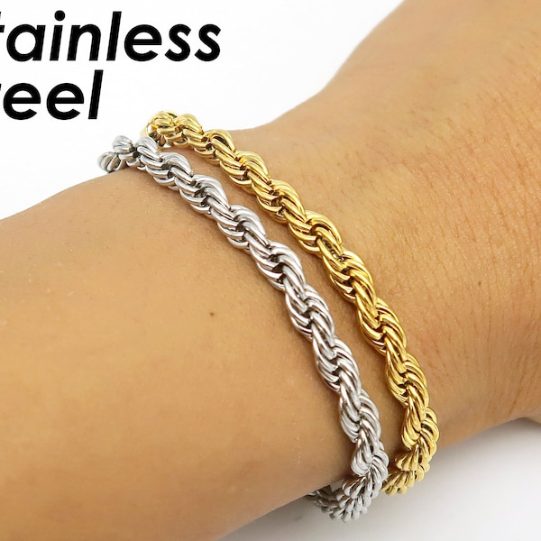 Stainless Steel Rope Bracelet 5mm Gold Silver Stainless Steel Rope Chain Bracelet Stackable for Men Woemn, Rope Anklet, Gift for Her or Him