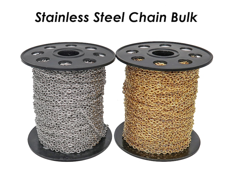 May include: Two spools of stainless steel chain, one silver and one gold, are on a white background. The spools are labeled "Stainless Steel Chain Bulk".